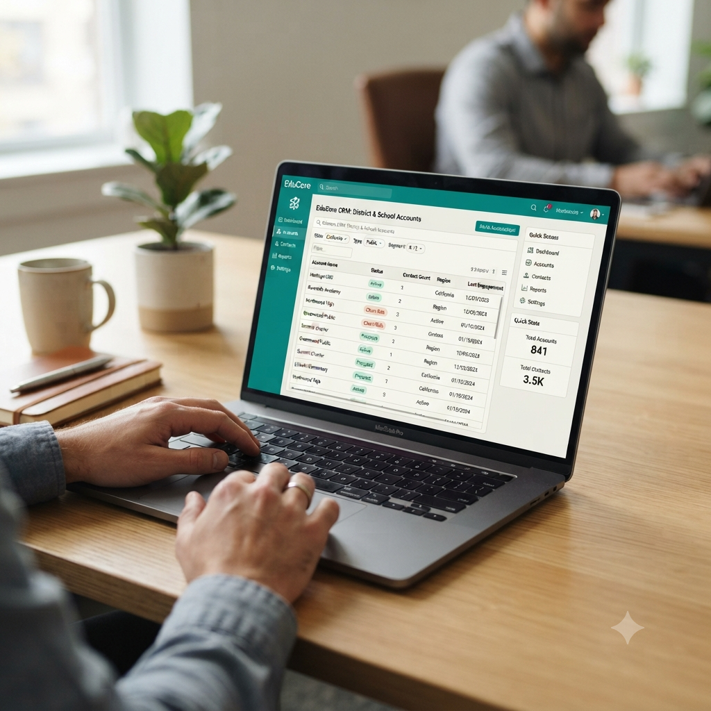 CRM dashboard with school data on a laptop
